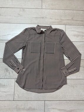 LOFT Striped Button Down Blouse XS Black White Mixed Stripe Pocket Top